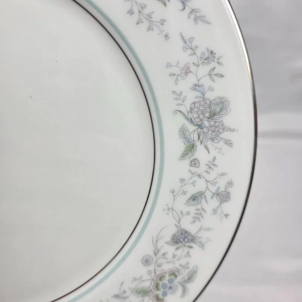 FOUR Oxford China Spring Salad Plate Multicolor Floral Rim Aqua Band
